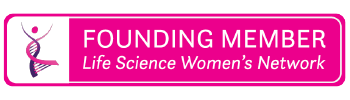Three of three graphics.  A rounded, rectangular signature graphic with the dancing DNA lady logo on the left against white. There is a hot pink background, bringing highlight to the white text that reads 'FOUNDING MEMBER" and, in italic, "Life Science Women's Network".