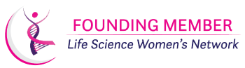 One of three graphics. Reads "FOUNDING MEMBER" in light pink text with a line divider underneath. Text, in italic and purple, reads "Life Science Women's Network". To the left of both texts is the dancing DNA lady with a grey and pink half-sphere wrapping around her.