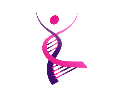 Logo of the network. A dancing DNA lady with soft purple and pink gradients, 